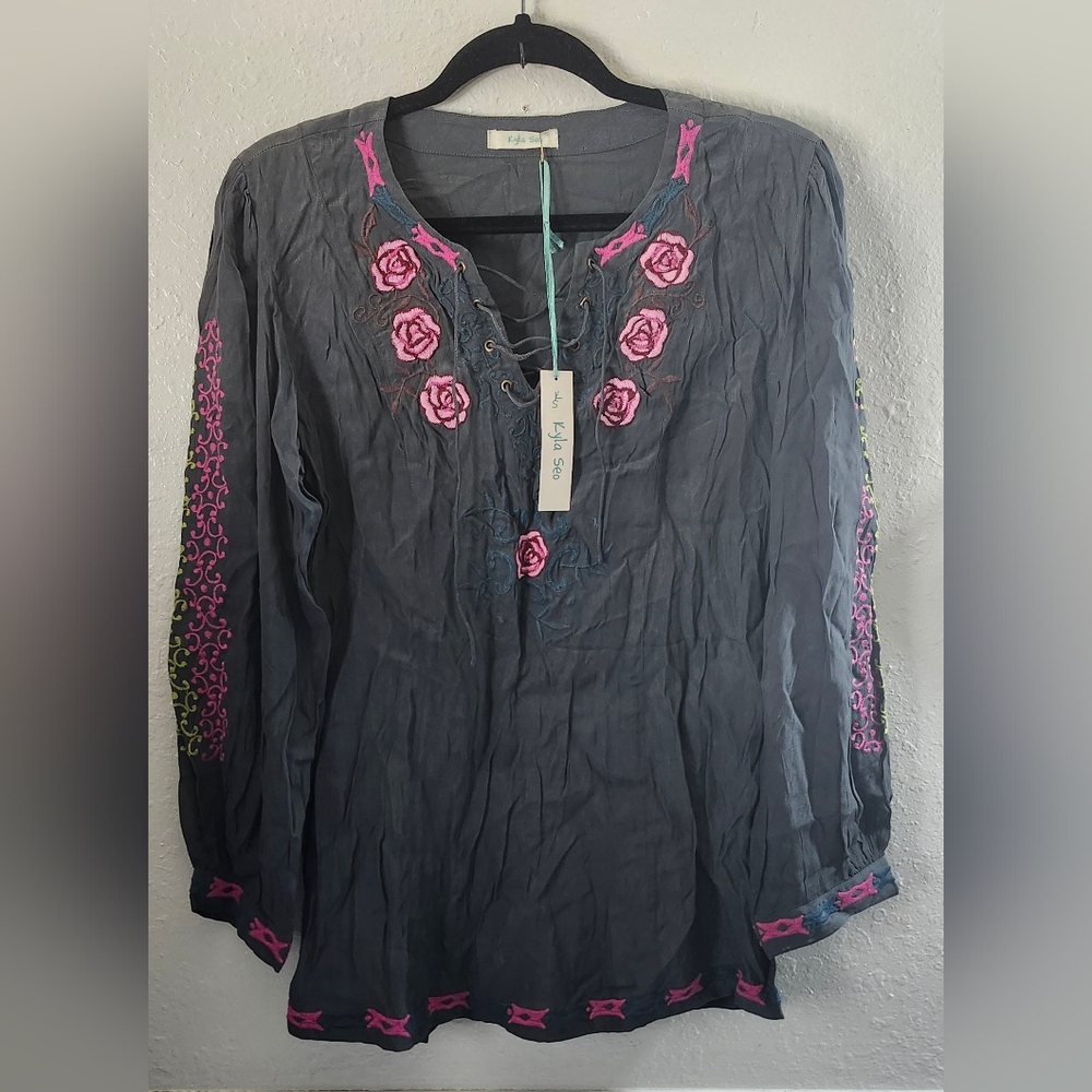 Charcoal Blouse with Pink Floral Embroidery